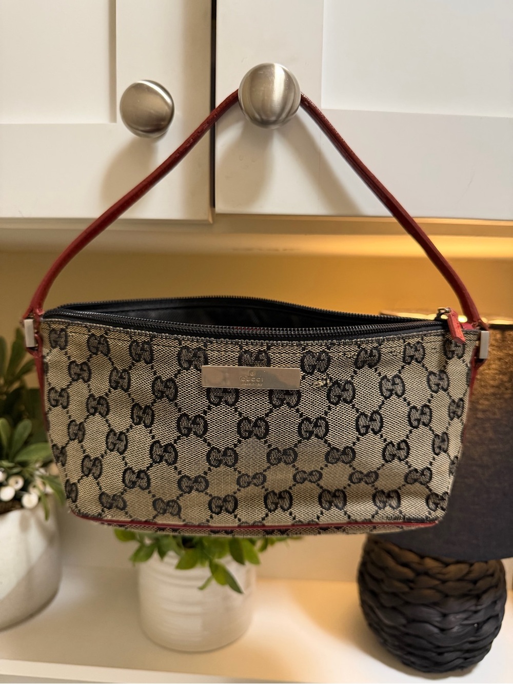 Auth. Gucci Beige, Black Monogram Mini Pouch Bag Red Trim